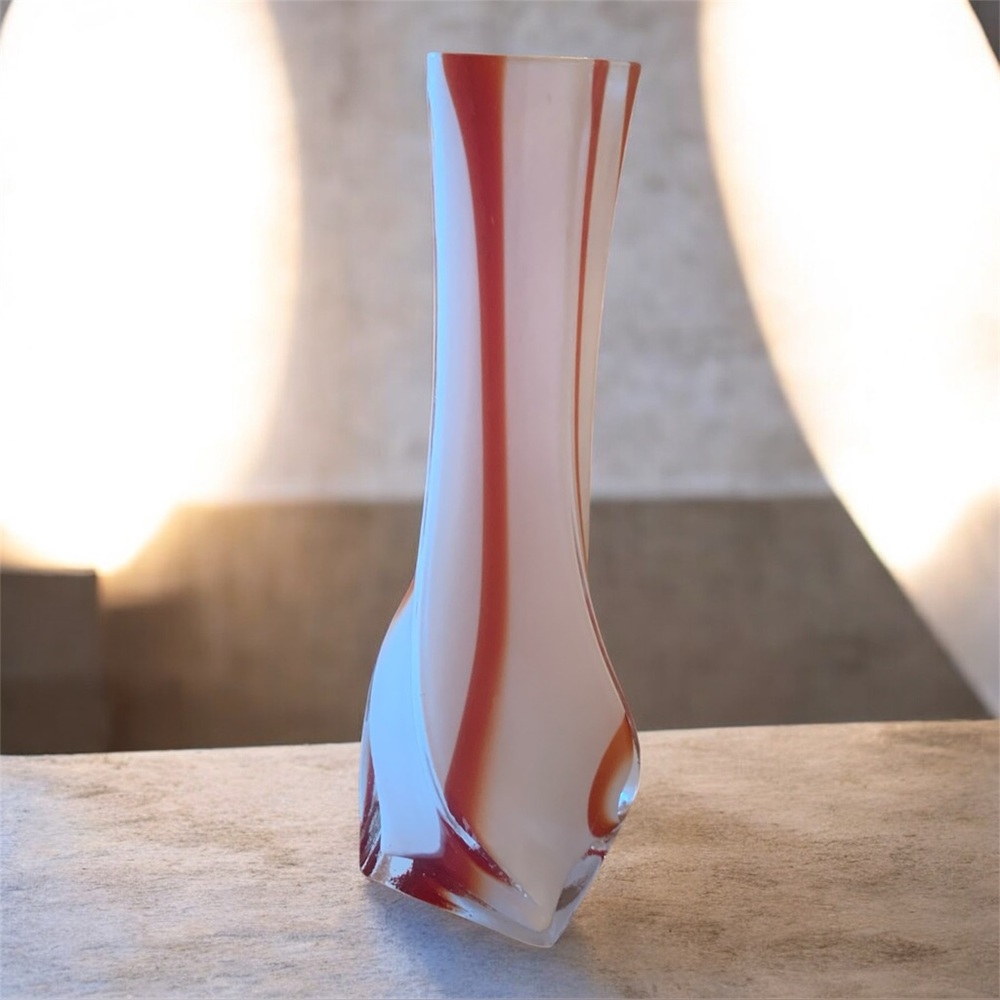 Vintage Czech Art Glass Vase – Red & White Swirl – 7” – Mid-Century Modern Style